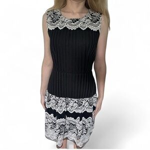 Anna Sui Black Eyelet with White Lace Accents Sleeveless Mini Dress, Size 0